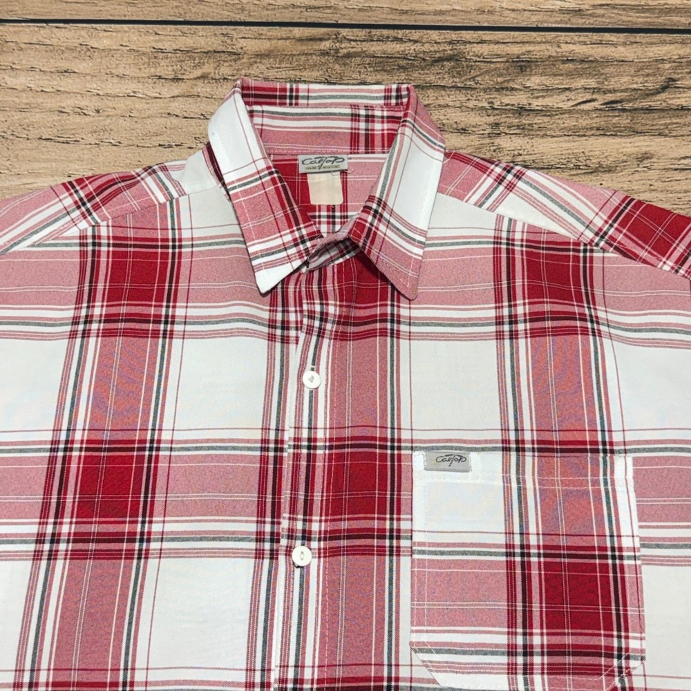 VTG Caltop Plaid Button Up Shirt Mens XL Red White Short Sleeve Workwear USA